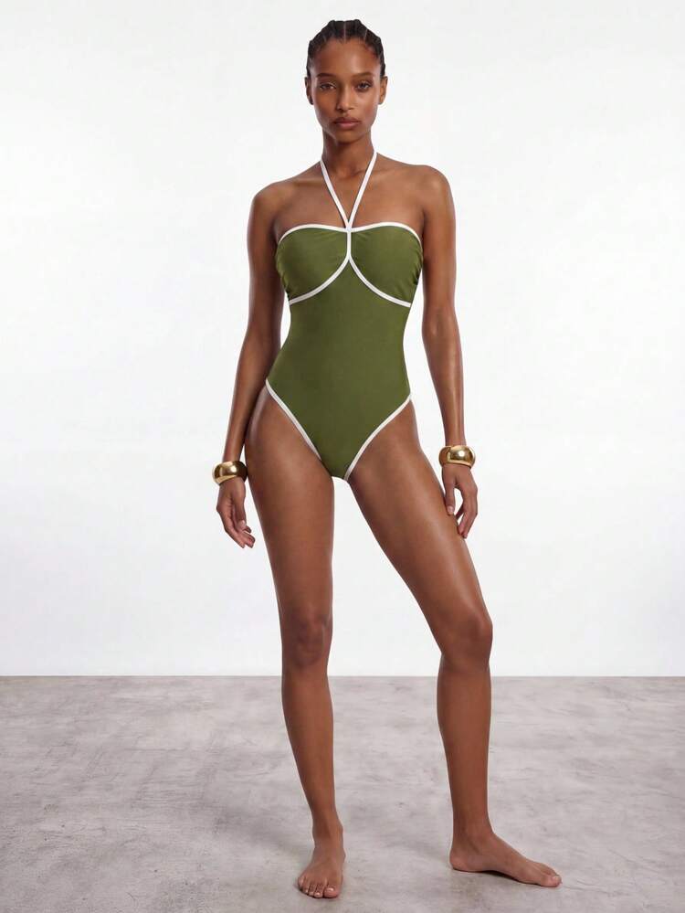 SHEIN Maija Women's Vacation Casual Contrast Color Trim One-Piece Swimsuit