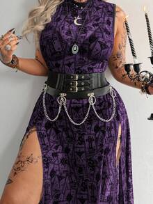 Flirla Dark Asymmetrical Pattern Dress With High Slit And Sheer Details - Purple - View 6