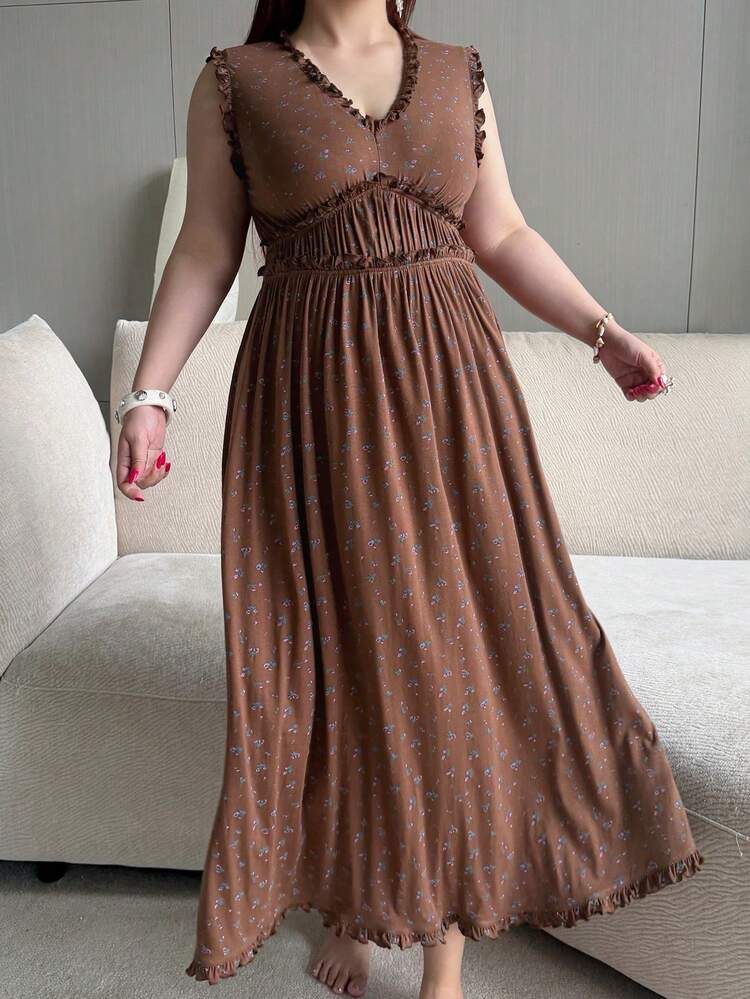 Dazy Plus Plus Size Women's V-Neck Ditsy Floral Sleeveless Wrap Long Nightgown, Brown, Spring/Summer