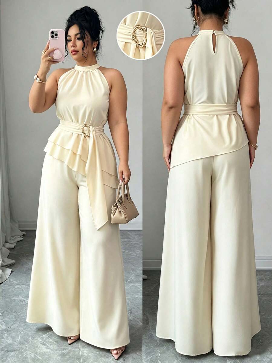 Elenzga Plus Size Solid Color Mandarin Collar Sleeveless Asymmetrical Hem Tank Top And Straight Leg Pants 2-Piece Set - Apricot - View 1