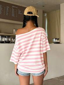 INAWLY Women's Letter Striped Off-Shoulder Loose Casual T-Shirt - Pink - View 2