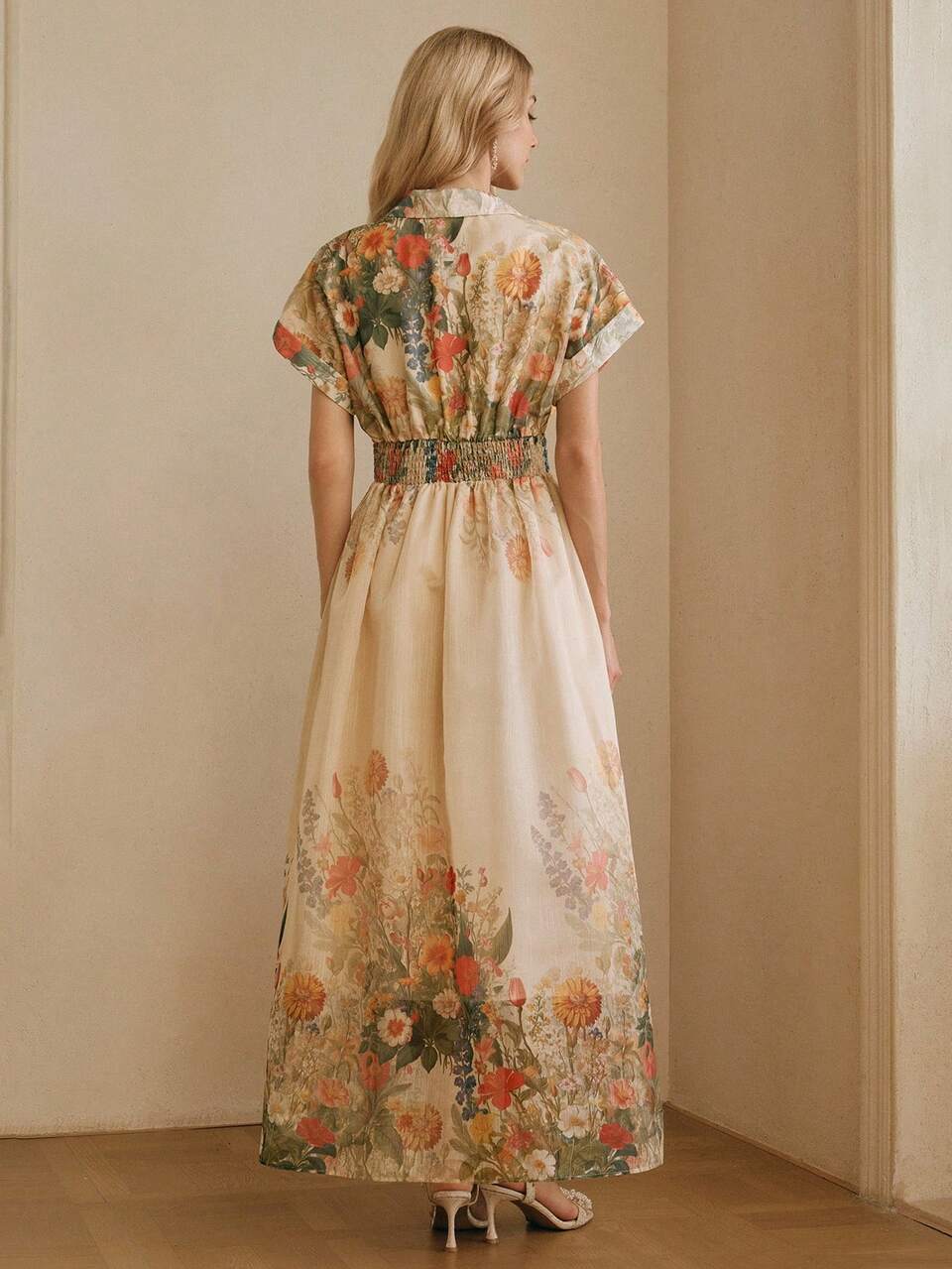 Anewsta Vintage Floral Oil Painting Lightweight Sheer Maxi Dress With Shirt Collar, Spring/Summer