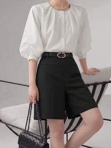 Heiryn Women's Casual Everyday Bermuda Shorts, Solid Color, Minimalist Style, Suitable For Work Commute, Summer - Black - View 2