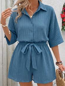 SHEIN VCAY Mono con botones y lazo para mujer de talla grande - Neblina azul - Ver 3