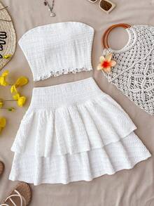 Teen Girls Jacquard Knit Tube Top And Mini Skirt Set - White - View 6