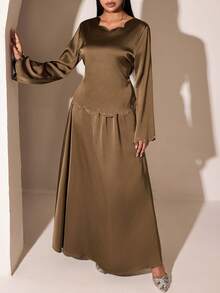 Women's Shell Trim Long Sleeve Top And Skirt Arabic Style Set - Brown - View 5