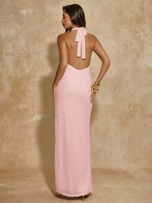 SHEIN BAE Women's Casual Vacation Party Asymmetrical Deep V Halter Backless High Slit Dress, Suitable For Beach Travel, Textured Long Beige Elegant - Coral Pink - View 4