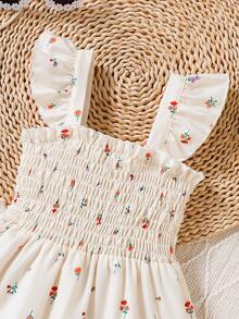 Elladie kids Kleine Mädchen Urlaubs Sommer Kleid mit kleinen Blumen, zarten Rüschenärmeln, geschichtetem Saum und Taillendesign, geeignet für Lässig, Urlaub, elegante Landoutfits - Aprikosenfarben - Übersicht 9