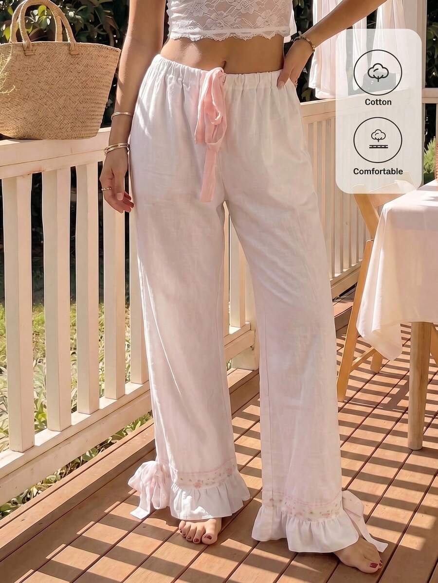 CovetEZ 休闲简约象牙色花卉撞色蝴蝶结装饰花卉灯笼荷叶边下摆女裤 - 白色 - 查看 1