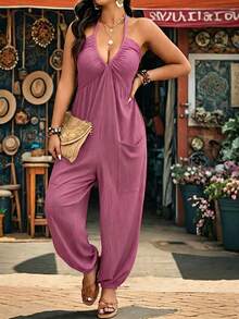 Breezaya Bộ jumpsuit cỡ lớn, chất liệu vải dệt họa tiết, cổ chữ V, có túi, dây rút, thích hợp mặc ở nhà, đi chơi và đi nghỉ mát. - Hồng - Xem 5