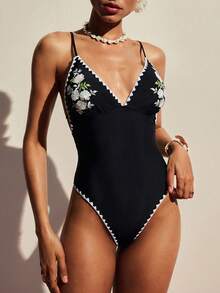 Poéselle Women's Black Floral-Embroidered Scallop-Trim One-Piece Swimsuit – V-Neck High-Cut Crochet-Edge Monokini Black One Piece Swimsuit, Embroidered Swimsuit, High Cut One Piece, Floral Swimwear, V Neck Monokini, Crochet Trim Bikini, Chic Beachwear, Summer Swim Spaghetti Strap V-Neck Sleeveless Fitted Vintage Floral One-Piece Swimsuit Swimwear For Women Onepiece One Piece Bathing Suits For Women Zestiva Swimsuit - Black - View 4