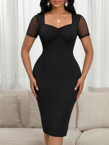 SHEIN Lady Women's Solid Color Sweetheart Neck Mesh Patchwork Short Sleeve Fitted Midi Dress,Dresses For Women Summer - Black - View 3