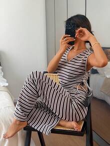 Napfluff 时尚提花条纹休闲家居服套装，睡衣 - 摩卡棕 - 查看 8