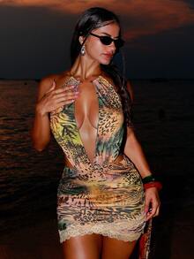 Sirith Vestido curto frente única com estampa animal, renda e decote nas costas, moderno e sexy para mulheres. - Multicolorido - Ver 3