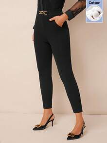 Amorya Women's Cotton Black High Waist Metallic Buckle Detail Skinny Pants Cropped Trousers Slim Fit Slacks For Work Autumn Elegant - Black - View 4