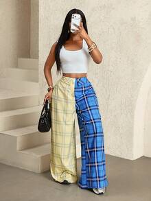 SHEIN BamGlam 新款时尚休闲撞色格子拼接衬衫领裤 - 藍色 - 查看 7
