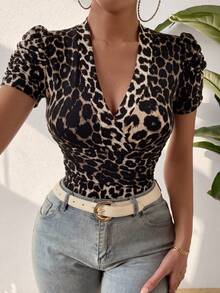 SHEIN SXY Body de mujer con estampado de leopardo y mangas de pétalo - Multicolor - Ver 5