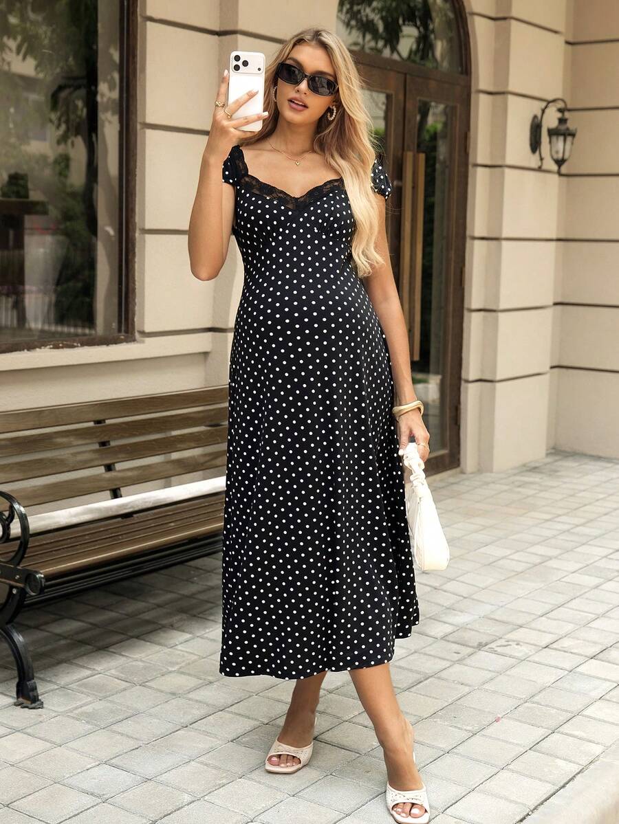 SHEIN Polka Dot Print Lace Patchwork Maternity Dress - Black and White - View 1