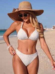 Swim Vcay Bộ bikini tam giác hai mảnh màu trơn dành cho nữ, dây mảnh, đính ngọc trai, buộc dây phía sau. - Màu be - Xem 5