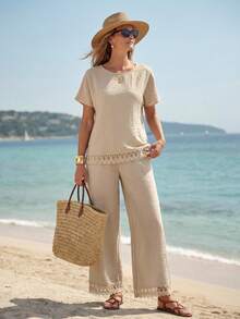 EMERY ROSE Women Boho Khaki Woven Round Neck Batwing Short Sleeve Blouse & Long Pants Two-Piece Outfit - Khaki - View 3
