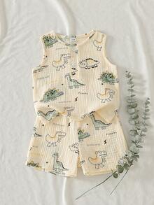 SHEIN Vintaside Kids 2件組 嬰幼兒男童夏季米色可愛卡通恐龍印花無袖背心&短褲套裝 休閒純棉服裝 適合遊戲運動&日常穿著 - 綠色 - 查看 1