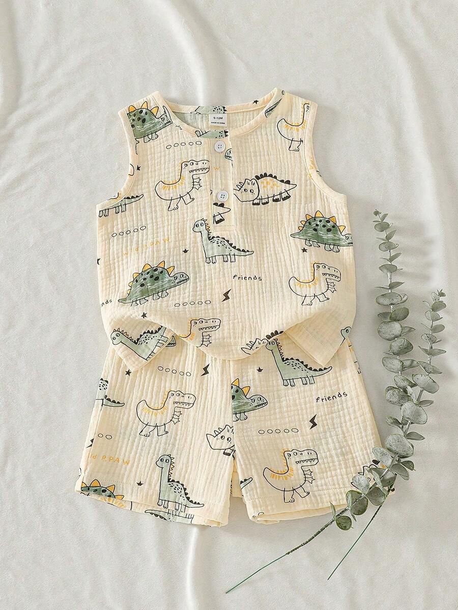 SHEIN Vintaside Kids 2件組 嬰幼兒男童夏季米色可愛卡通恐龍印花無袖背心&短褲套裝 休閒純棉服裝 適合遊戲運動&日常穿著 - 綠色 - 查看 1