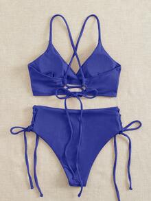 SHEIN Swim Bộ đồ bơi 2 món Xuân/Hè 2026, màu xanh đậm dành cho nữ, áo tắm không gọng cổ chữ V sâu, hở lưng, xếp ly, phong cách thường ngày mùa hè. - Xanh đậm - Xem 2