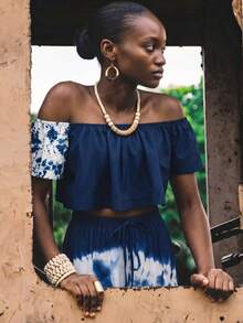 Women's Off Shoulder Tie-Dye Print Short Sleeve Blouse - Blue and White - View 1
