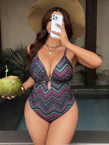 Swim Vcay Plus Size Women's Summer Beach Herringbone Print Deep V-Neck Criss-Cross Back One-Piece Swimsuit - Multicolor - View 5