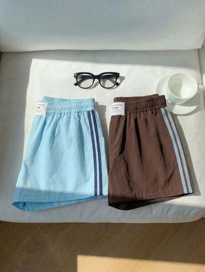 Comfortcana 2pcs Women's Elastic Waist Striped Loose Shorts, Suitable For Summer & Winter, Casual Outings, Sports, Y2K, Christmas, New Year. Y2K Brown Shorts, Women Summer Outfit