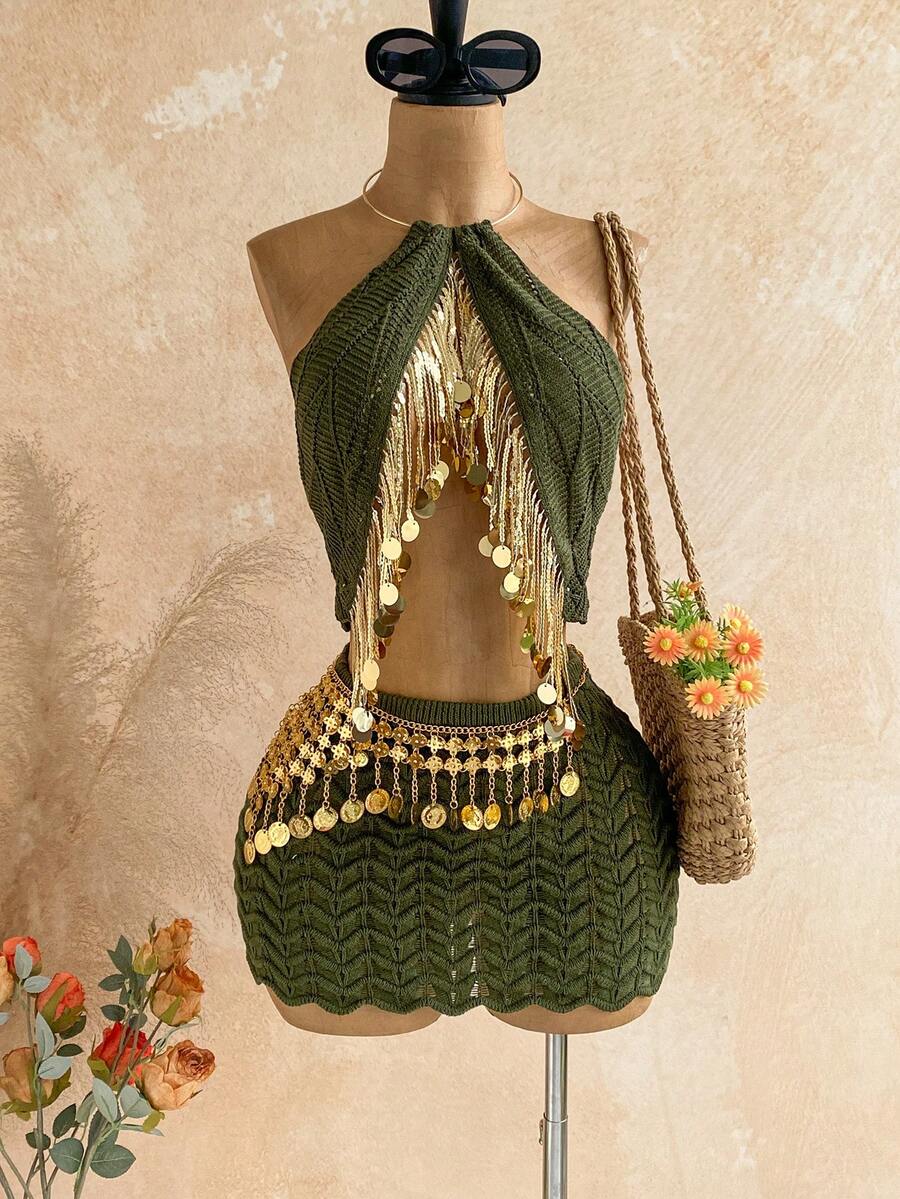 Soleia Bộ đồ gợi cảm dành cho nữ đi nghỉ mát, gồm áo tank top dệt kim cổ yếm đính sequin và tua rua, cùng chân váy ngắn dệt kim. - màu xanh lá - Xem 1