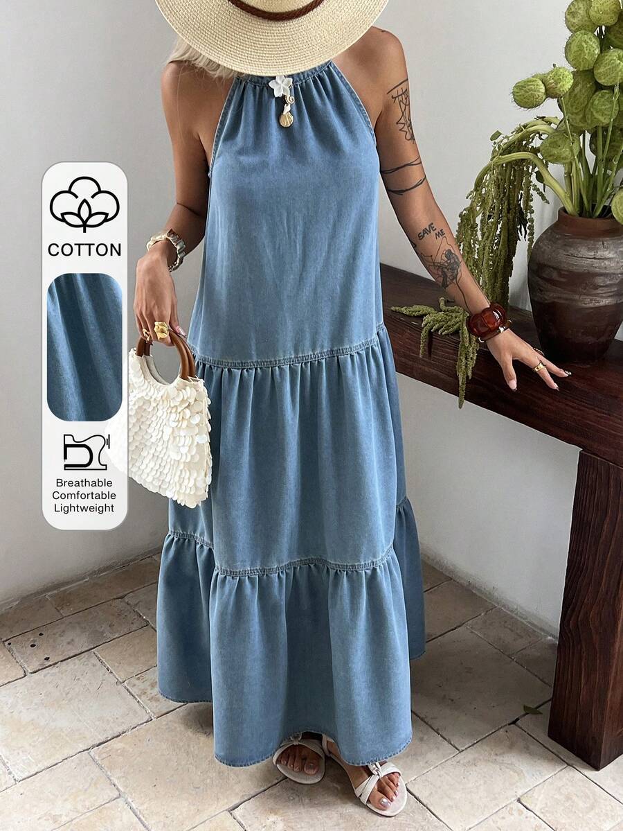 DAZY Women's Summer Round Neck Sleeveless Casual Denim Washed Loose Long Dress - Light Wash - View 1