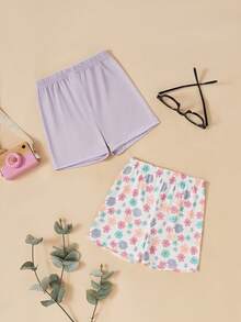 SHEIN Young Girls Comfortable Printed Short Leggings - Purple - View 2