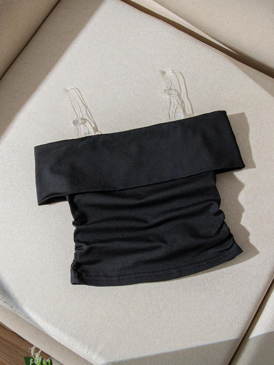 SHEIN Jeune fille T-shirt décontracté à épaules dénudées de couleur unie - Noir - Voir 1