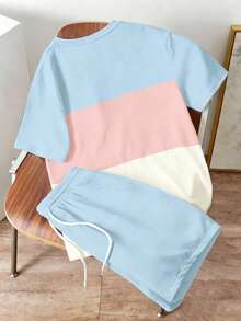 Manfinity Joysei Conjunto de camisetas casuales de hombre con estampado de bloques de color, conjunto de dopamina, adecuado para actividades al aire libre en verano - Multicolor - Ver 2