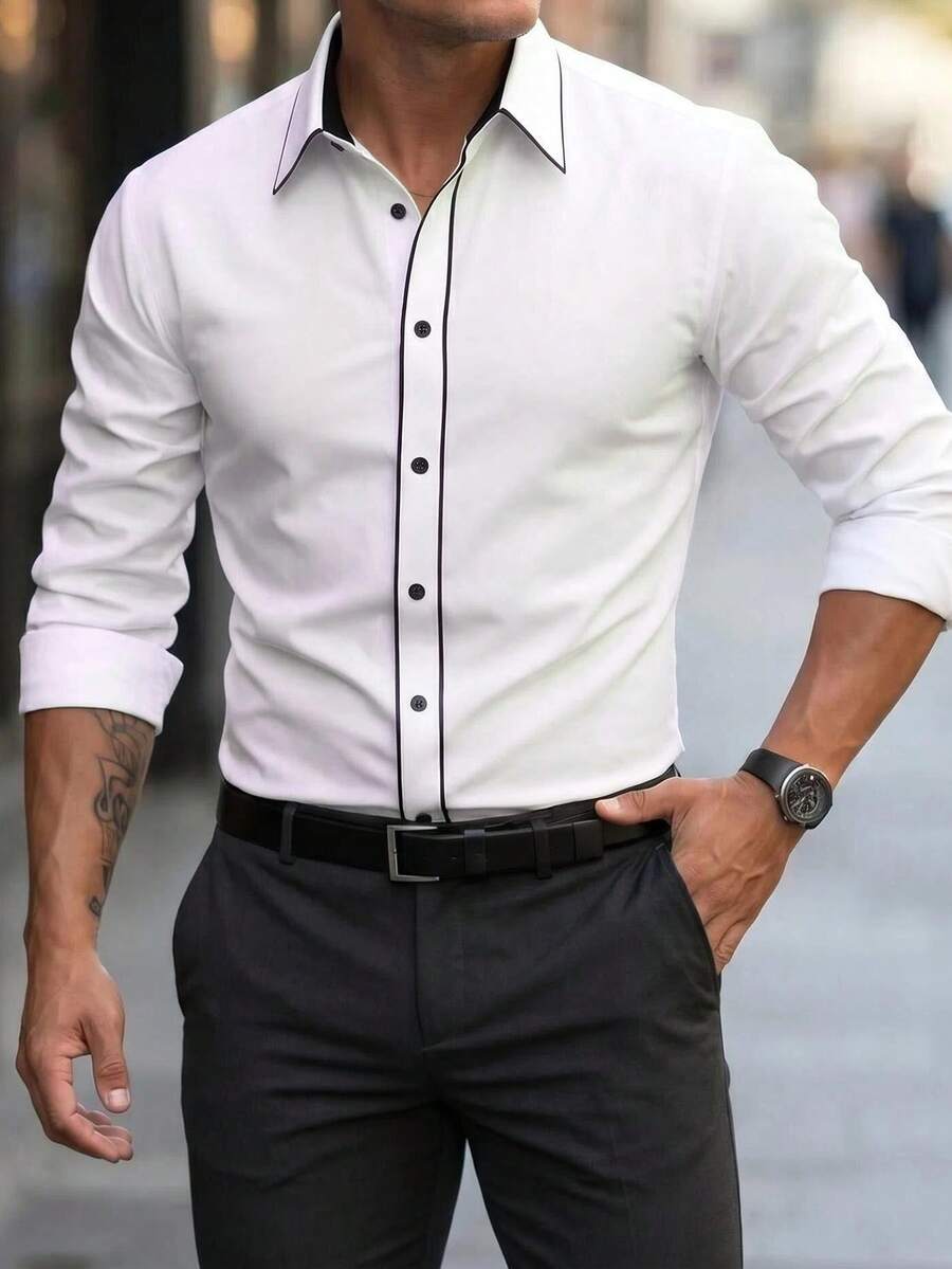 Calvornis Men's Business Casual Collar Design Long Sleeve Shirt, Elevated Style Black And White Dress Shirt , Formal, Ceremony - Black and White - View 1