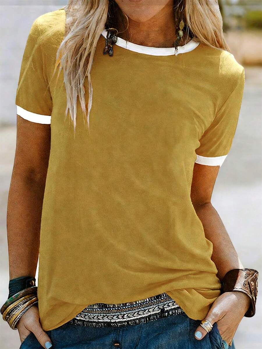EMERY ROSE Women's Summer White And Yellow Round Neck Short Sleeve Casual T-Shirt Graphic Tees Women Tops Travel