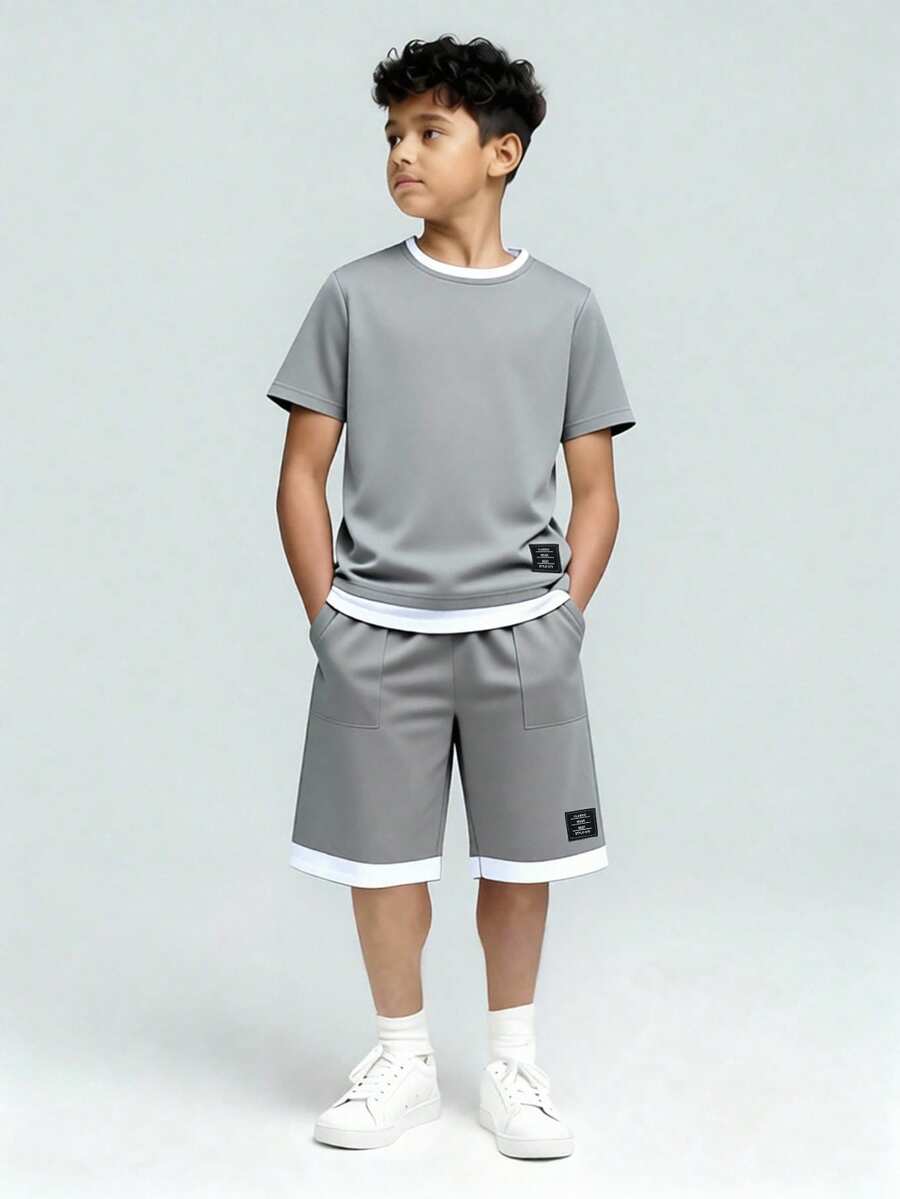 Vacaura Tween Boy Letter Patched Detail 2 In 1 Tee & Shorts - Grey - View 1