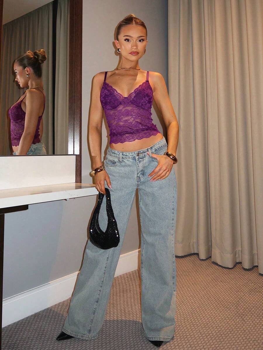 SHEIN BAE 女士夏季纯色蕾丝吊带背心 - 紫色 - 查看 1