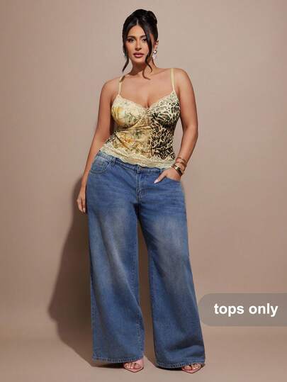 SHEIN BAE Plus Size Brown Leopard Print & Tropical Floral Lace Patchwork Camisole Top, Suitable For Casual Outings, Sexy Looks, Music Festivals, Parties, Beach Wear, Music Festival, Casual Top, Heavily Embroidered Top, Y2K Top, 2000s Top, Going Out Top,Mesh Top,Concert Outfit Women Plus,Tank Tops Women,Plus Size Women Clothes,Beach Outfit Plus Size