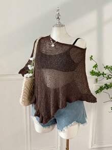 SHEIN EZwear 大码女士休闲钩针披肩，咖啡棕色，荷叶边下摆，半透明，适合外出和约会 - 咖啡棕 - 查看 6