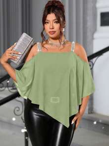 Cravure Plus Size Black Sheer Cold Shoulder Blouse With Silver Trim Straps And Lace Back Detail - Green - View 2