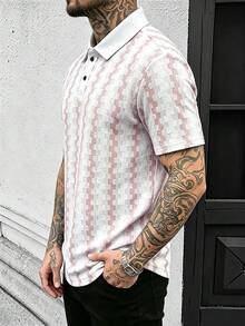 Manfinity CasualCool Men's Colorblock Polo Shirt, Retro Geometric Jacquard Casual Top - Baby Pink - View 5