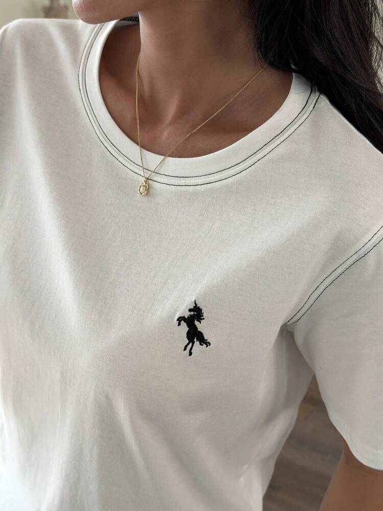 Women's Summer Round Neck Short Sleeve T-Shirt With Line Decor And Small Embroidery, Casual City Wear
