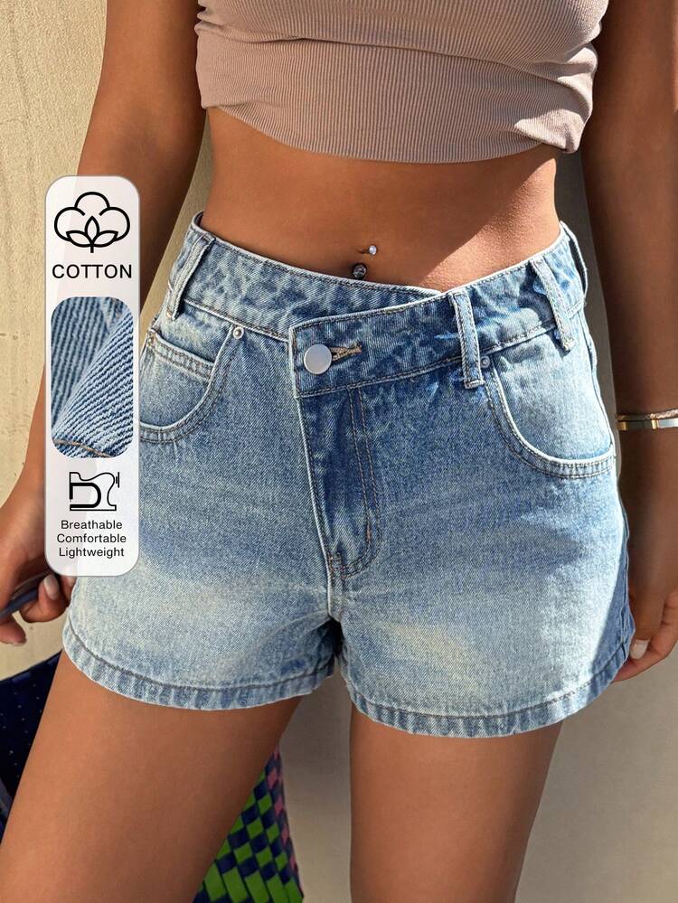 Women's Asymmetrical Waistline Design Low Waist Casual Denim Shorts Jorts