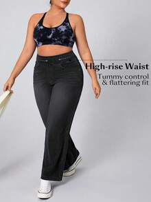 SHEIN CURVE+ Quần jean denim dệt kim màu trơn co giãn dành cho nữ cỡ lớn, kiểu dáng thường ngày. - Màu xám đen - Xem 6