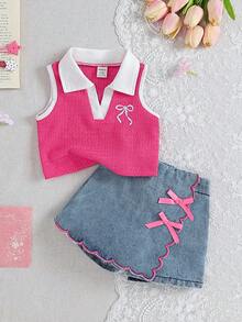 SHEIN Playful Pals 2件組女嬰粉色夏季可愛度假風領口無袖蝴蝶結刺繡桃紅色V領背心彈性腰淺藍色短褲休閒套裝 - 玫紅色 - 查看 1