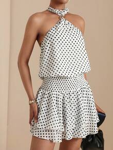 SHEIN Veneréa Romantic Tropical Vacation Metal Buckle Decor White With Black Polka Dots Print Halter Sleeveless Ruffled Hem Patchwork Flowy Dress For Women Summer - Black and White - View 8
