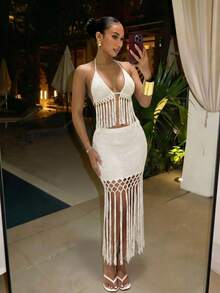 Slaydiva Off-White Two Pieces Set Women's Fringed Top & Mini Skirt,Summer Boho Beach Vacation Holiday Outfit For Music Festival Wedding Party Cruise Y2K - White - View 4