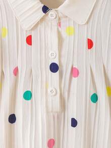 SHEIN Elladie kids Young Girls' Colorful Polka Dot Textured Dress With Pink Bow,Short Puff Sleeve,Peter Pan Collar,Hollow Back,Brown Polka,Summer,Fairy,Birthday Outfit - Apricot - View 5